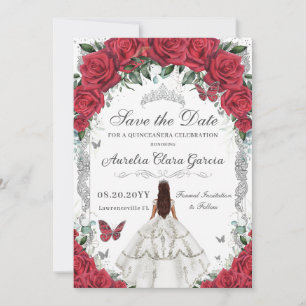Quinceañera Rote Rosen Blumenweißes Kleid Silber Save The Date