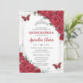 Quinceañera Rote Rosen Floral Silver Princess Crow Einladung (Stehend Vorderseite)