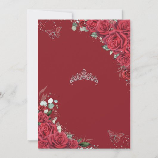 Quinceañera Rote Rosen Floral Silver Princess Crow Einladung (Rückseite)