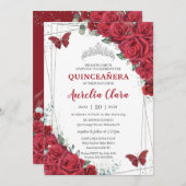 Quinceañera Rote Rosen Floral Silver Princess Crow Einladung (Vorne/Hinten)