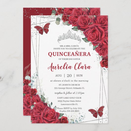 Quinceañera Rote Rosen Floral Silver Princess Crow Einladung (Vorne/Hinten)