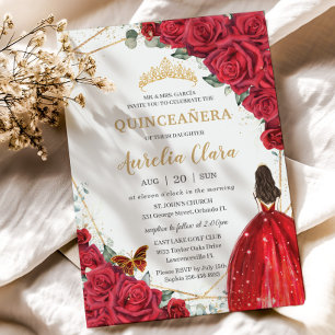 Quinceañera Rote Rosen Florale Goldene Prinzessinn Einladung