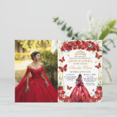 Quinceañera Rote Rosen Foto Einladung (Stehend Vorderseite)