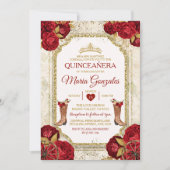 Quinceañera Rote Rosen & Gold Crown Mexikos Einladung (Vorderseite)