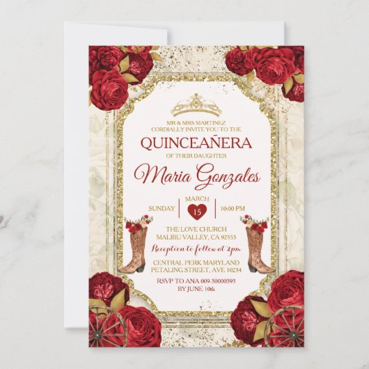 Quinceañera Rote Rosen & Gold Crown Mexikos Einladung (Vorderseite)