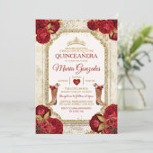 Quinceañera Rote Rosen & Gold Crown Mexikos Einladung (Stehend Vorderseite)