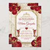 Quinceañera Rote Rosen & Gold Crown Mexikos Einladung (Vorne/Hinten)