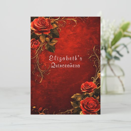 Quinceanera Rote Rosen Gold Filigree Einladung (Stehend Vorderseite)