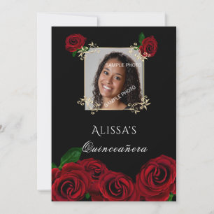 Quinceanera Rote Rosen Gold Frame Quinceanera Einladung