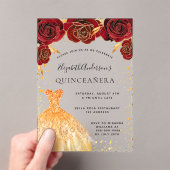 Quinceanera rote Rosen Goldkleid Glitzer klar Acryleinladungen (Insitu (Handheld))
