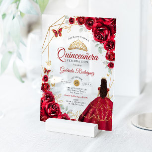 Quinceanera-Rote-Rosen-Kleid-Gold-Weiß Acryleinladungen