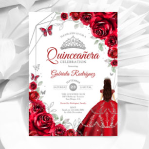 Quinceanera Rote Rosen kleiden Silber Einladung