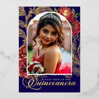Quinceanera Rote Rosen Navy Blue Elegantes Foto Go Folieneinladung