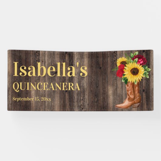 Quinceañera Rote Rosen Sonnenblumen Cowboy Boots Banner (Horizontal)
