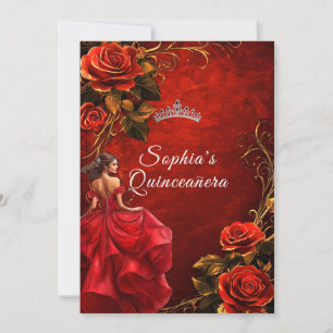 Quinceanera-Rote Rosen und Gown Crown Einladung