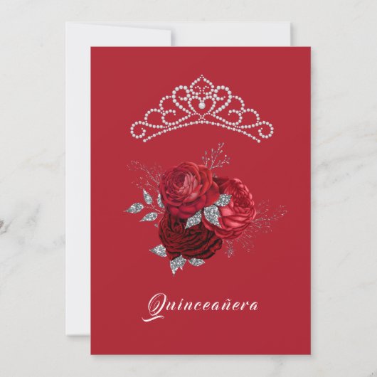 Quinceanera-Rote Rosen und Silberner Glitzer Einladung (Rückseite)