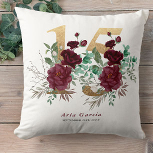 Quinceanera Rote Rosenblüten Gold Zahl 15 Kissen