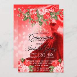 Quinceañera Rotes Got und Blume Einladung