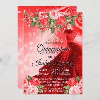 Quinceañera Rotes Got und Blume Einladung