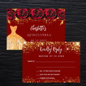 Quinceanera Rotes Kleid Blume Gold RSVP Karte