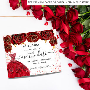 Quinceanera rotes Kleid weißes Budget Save-the-Dat Flyer