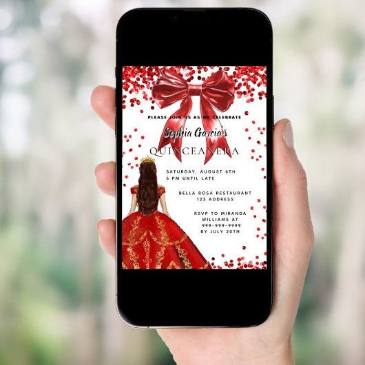 Quinceanera rotes weißes Kleid Bogen Einladung