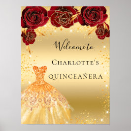 Quinceanera Rotgold Glitzer Kleid Blumenempfang Poster