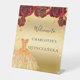 Quinceanera Rotgold Glitzer Kleid Blumenempfang Sockelschild