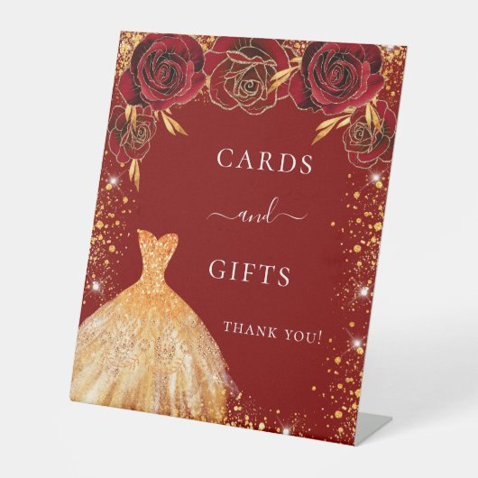 Quinceanera Rotgold Glitzer Kleid Blumengeschenke Sockelschild (Vorderseite)