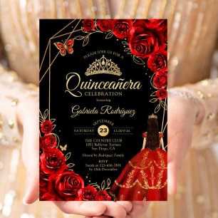 Quinceanera Rotgold-Schmetterlingskleid Floral Einladung