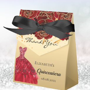 Quinceanera Rotgoldfloralen Kleid Danke Geschenkschachtel