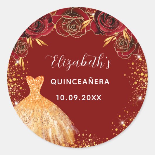 Quinceanera Rotgoldkleid Name glasig Runder Aufkleber (Vorderseite)