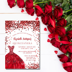 Quinceanera Rotweiße Kleidung Glitzern Party Einladungspostkarte