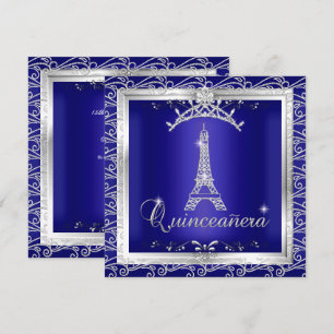 Quinceanera Royal Blau Silber Tiara Eiffelturm 2 Einladung