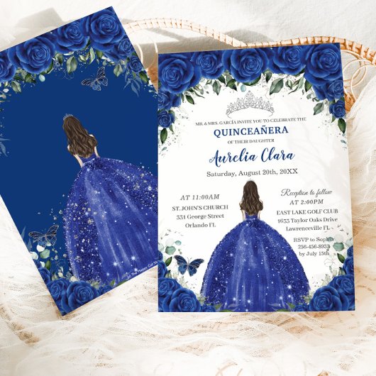 Quinceañera Royal Blue Blumen Prinzessin Birthday Einladung