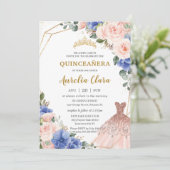 Quinceañera Royal Blue Blush Bloral Ball Gown Einladung (Stehend Vorderseite)