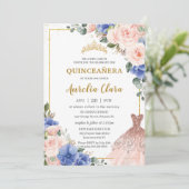 Quinceañera Royal Blue Blush Blumenkleid Tiara Einladung (Stehend Vorderseite)