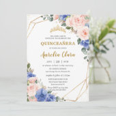 Quinceañera Royal Blue Blush Floral Gold Tiara Einladung (Stehend Vorderseite)