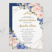 Quinceañera Royal Blue Blush Floral Gold Tiara Einladung (Vorne/Hinten)