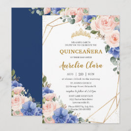 Quinceañera Royal Blue Blush Floral Gold Tiara Einladung