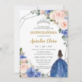 Quinceañera Royal Blue Blush Floral Silver Tiara Einladung (Vorderseite)