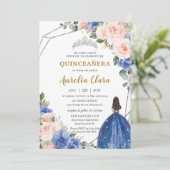 Quinceañera Royal Blue Blush Floral Silver Tiara Einladung (Stehend Vorderseite)