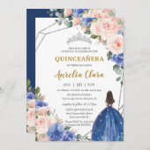 Quinceañera Royal Blue Blush Floral Silver Tiara Einladung (Vorne/Hinten)