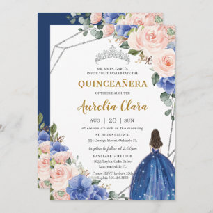 Quinceañera Royal Blue Blush Floral Silver Tiara Einladung
