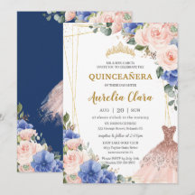 Quinceañera Royal Blue Blush Floral Tiara Kleid