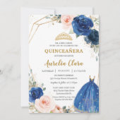 Quinceañera Royal Blue Blush Rose Ball Gown Einladung (Vorderseite)
