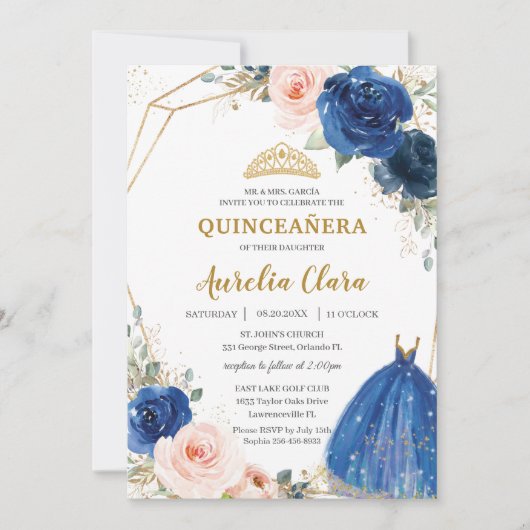 Quinceañera Royal Blue Blush Rose Ball Gown Einladung (Vorderseite)