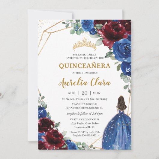 Quinceañera Royal Blue Burgund Floral Prinzessin Einladung (Vorderseite)