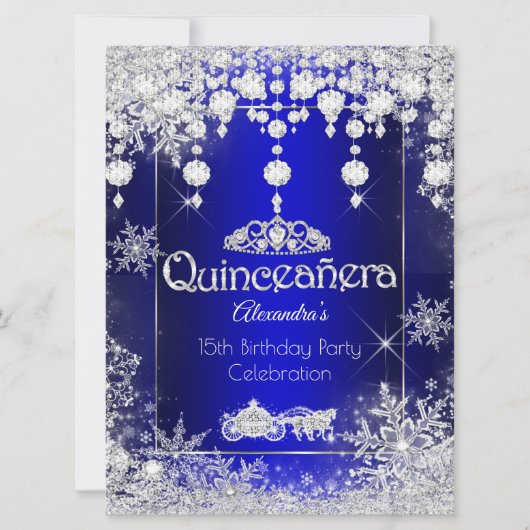 Quinceanera Royal Blue Fairytale Winter Wonderland Einladung (Vorderseite)