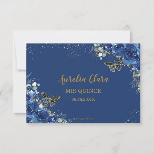 Quinceañera Royal Blue Floral Butterfells Geburtst Dankeskarte (Rückseite)